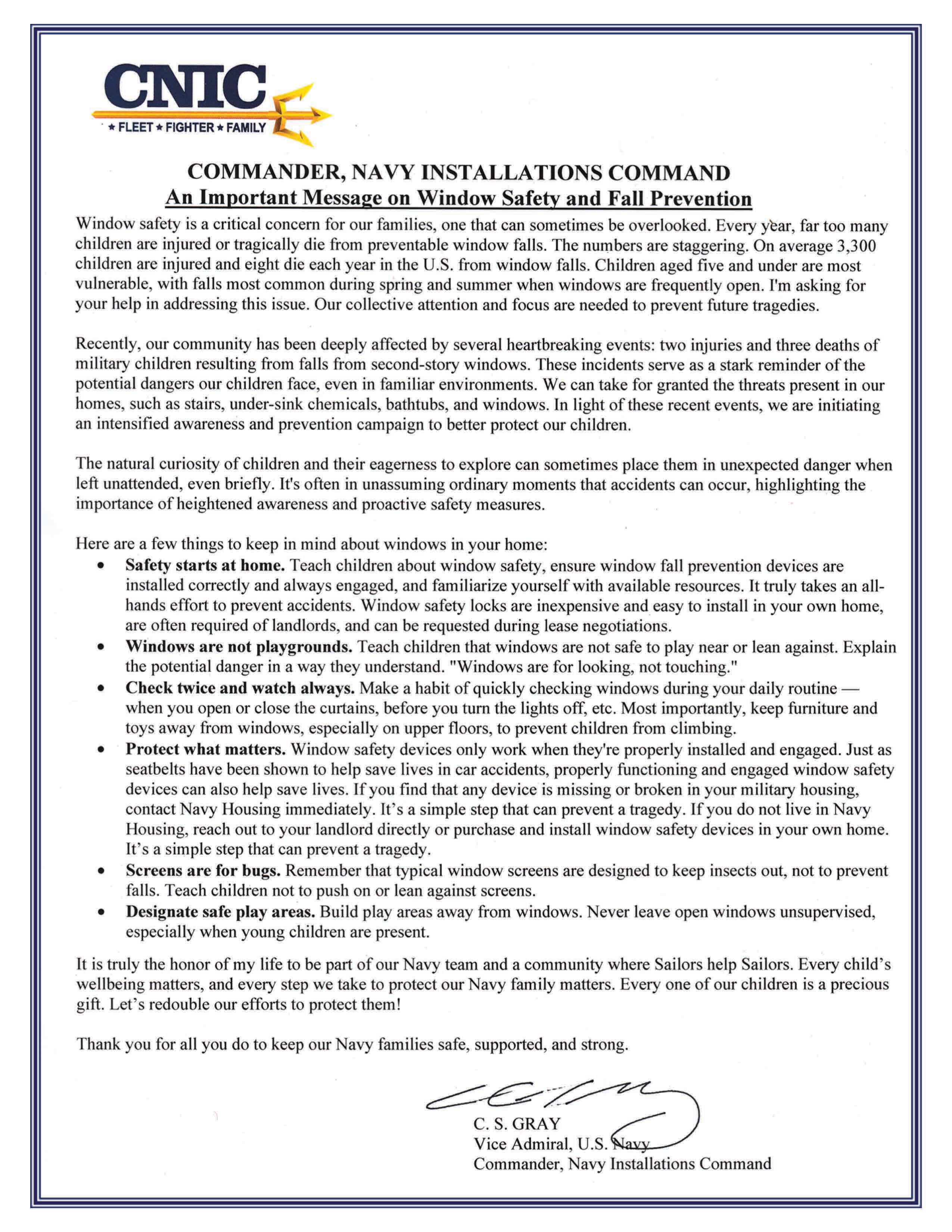 CNIC letter from Vice Admiral Gray on the importance of window safety and fall prevention