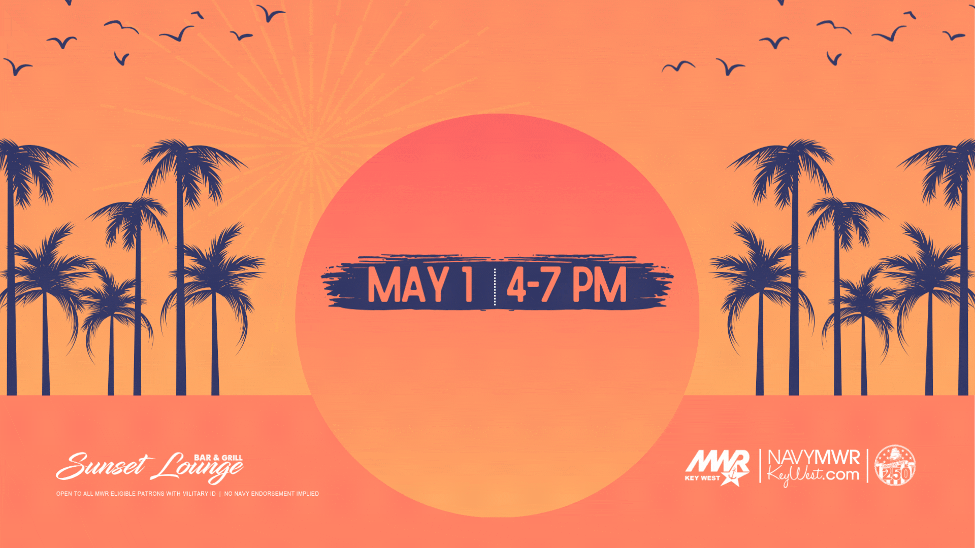Open to all MWR authorized patrons with military issued ID.   Songwriters Festival at Sunset Lounge Bar & Grill  MWR Key West will be participating in the 2026 Songwriters Festival scheduled for April 29 - May 3.  Make the Sunset Lounge Bar & Grill one of your stops on Friday, May 1, from 4 - 7 PM and listen in to live entertainment right on Sigsbee Park. The Key West Songwriters Festival is the largest festival of its kind in the world and known as a career starter for top country talent!   May 1 from 4 - 7 PM at Sunset Lounge Bar & Grill Dail