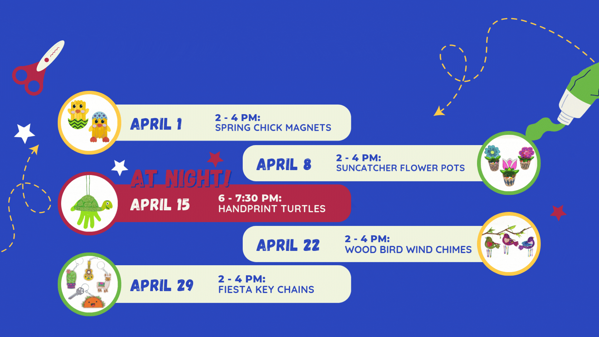 April Kid’s Crafts schedule at Sigsbee Community Center:  April 1, 2–4 PM: Spring Chick Magnets April 8, 2–4 PM: Suncatcher Flower Pots April 15, 6–7:30 PM: Handprint Turtles (At Night) April 22, 2–4 PM: Wood Bird Wind Chimes April 29, 2–4 PM: Fiesta Key Chains Contact phone: 305-849-1453.