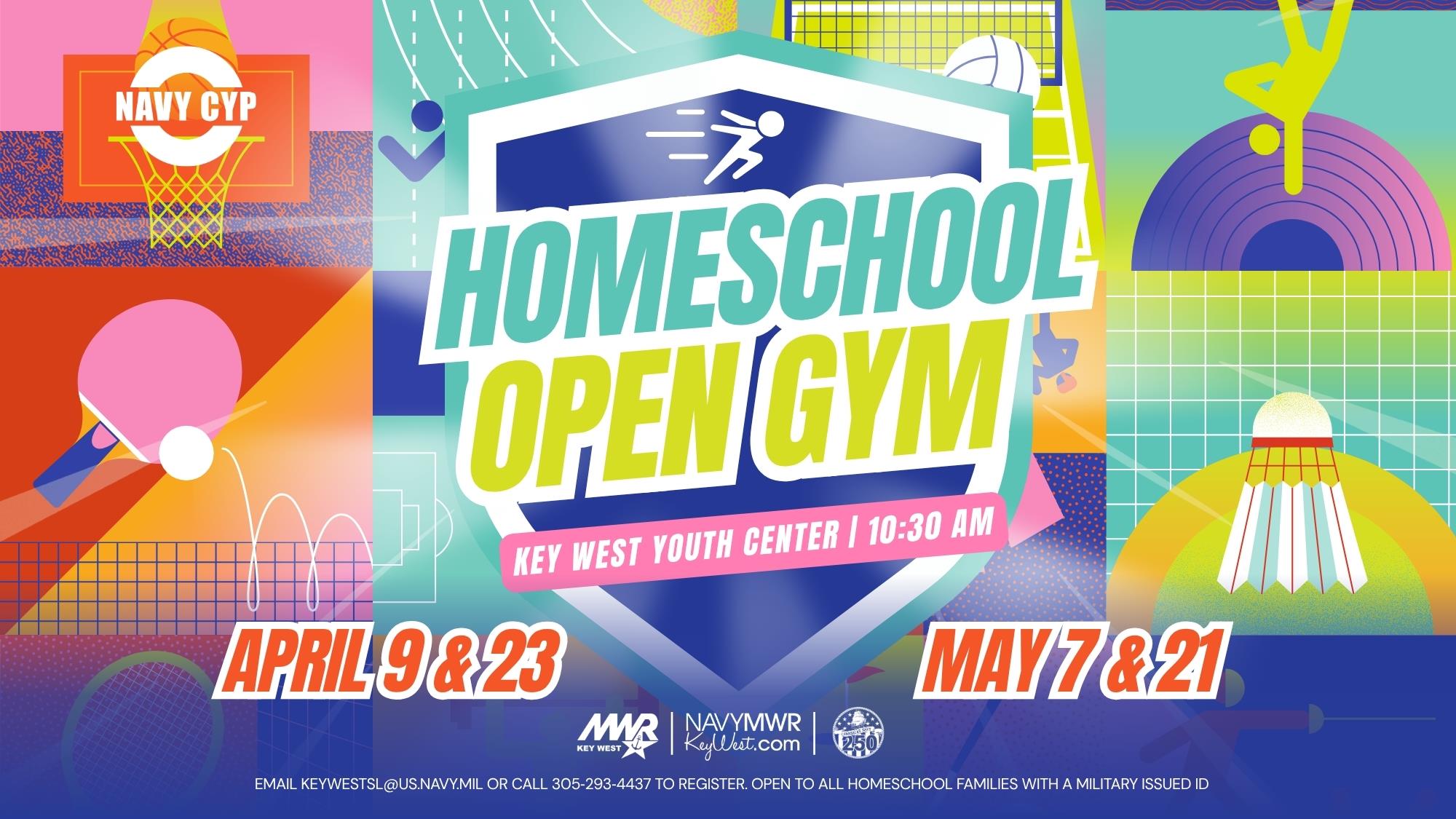 Open to all home school families with a military issued ID  Homeschool Open Gym at Key West Youth Center  Looking for a fun way to get the kids moving and connect with other homeschool families? Join us on 10:30 - 11:30 AM on April 9 & 23 and May 7 & 21 for Homeschool Open Gym — a relaxed, welcoming space created just for our military-connected homeschool community!   This is a great opportunity for students to enjoy physical activity, build friendships, and feel connected — all in a supportive environment at the Youth Center.  CYP registration