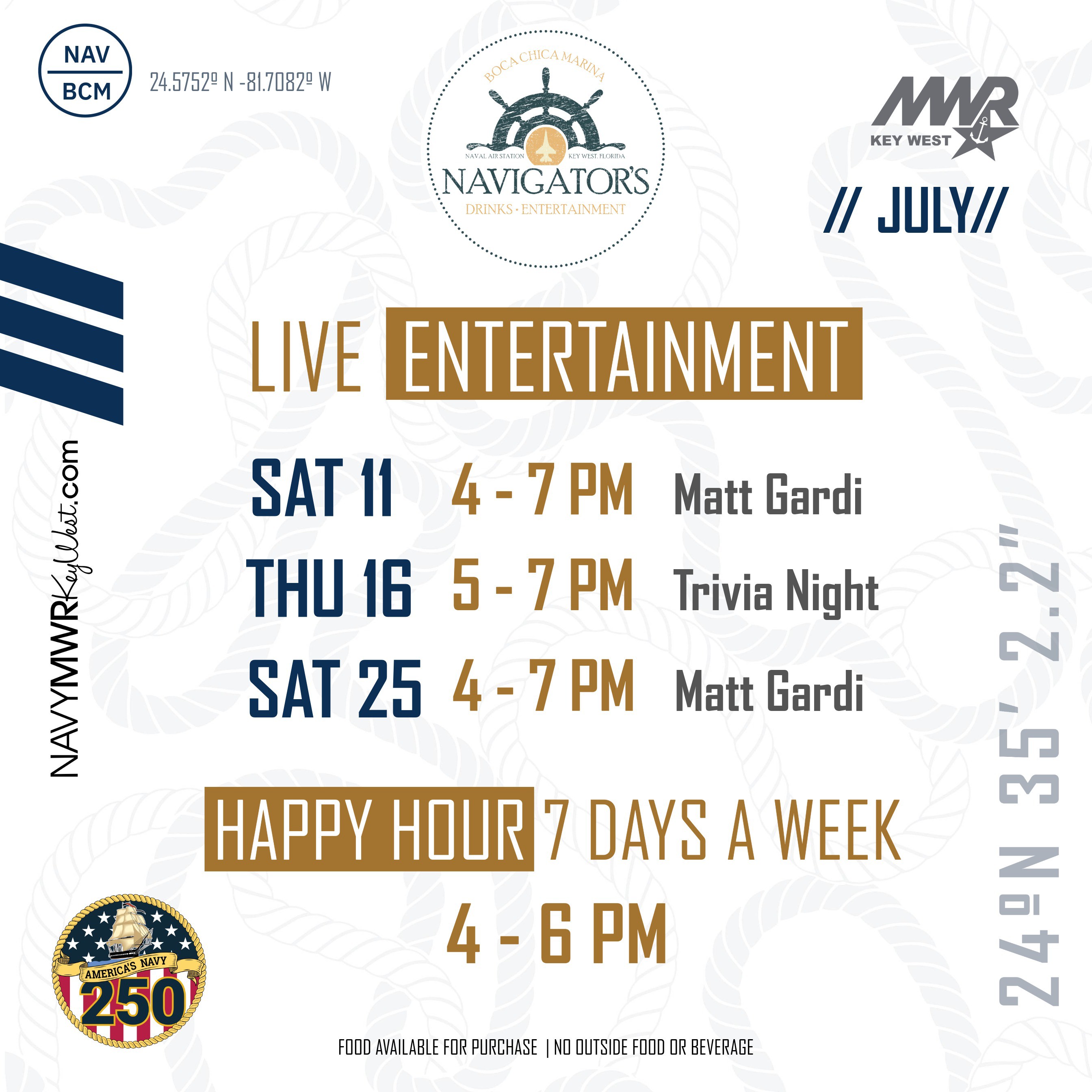 Graphic showing the Navigators monthly entertainment schedule at Boca Chica Marina. The flyer highlights upcoming live entertainment, trivia or special activities, happy hour information, and general venue details. For complete dates, times, performers, and location information, view the full flyer or contact MWR Key West.