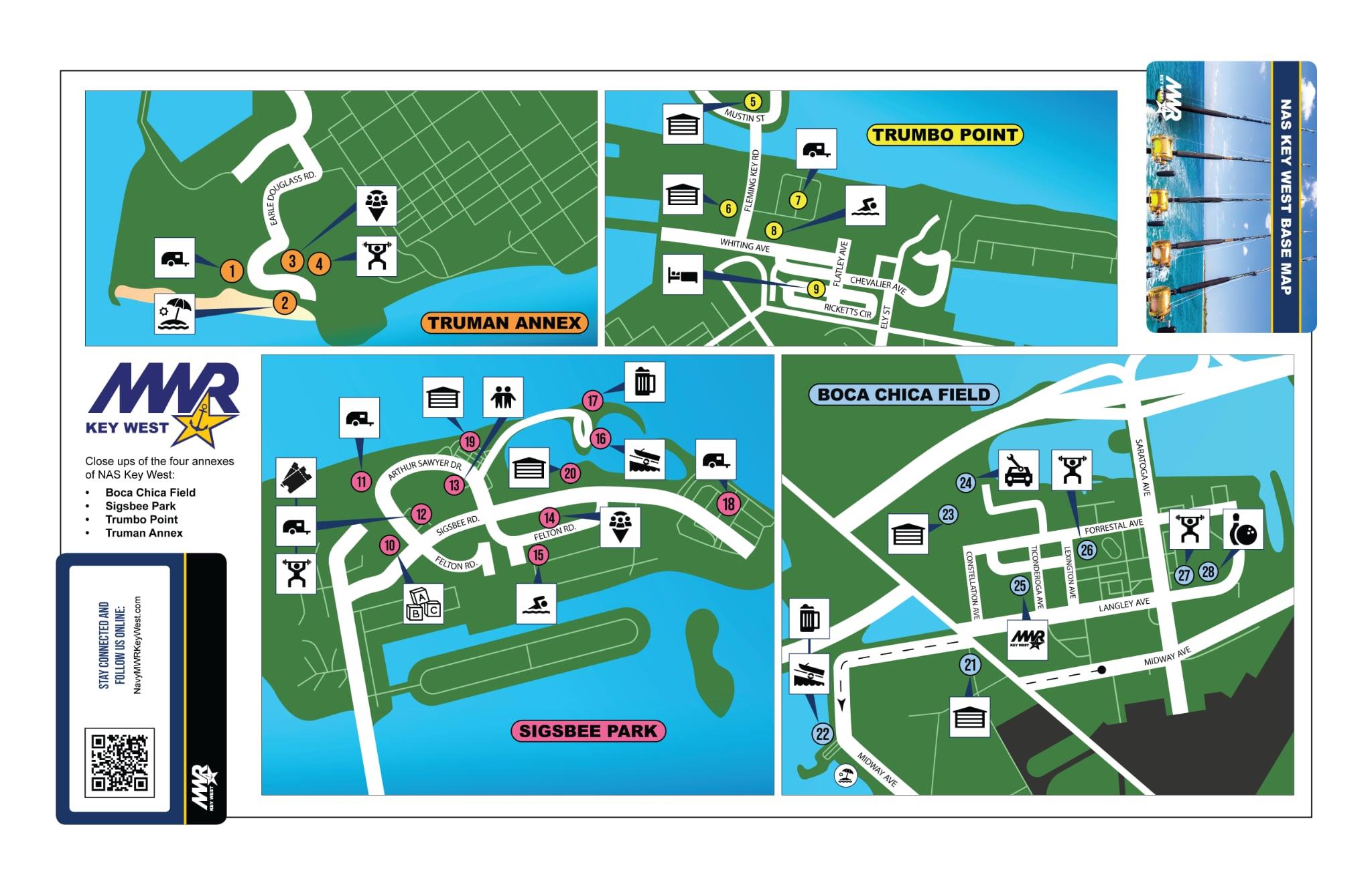 A map of the four annexes that make up Naval Air Station Key West that includes the locations of MWR facilities. 