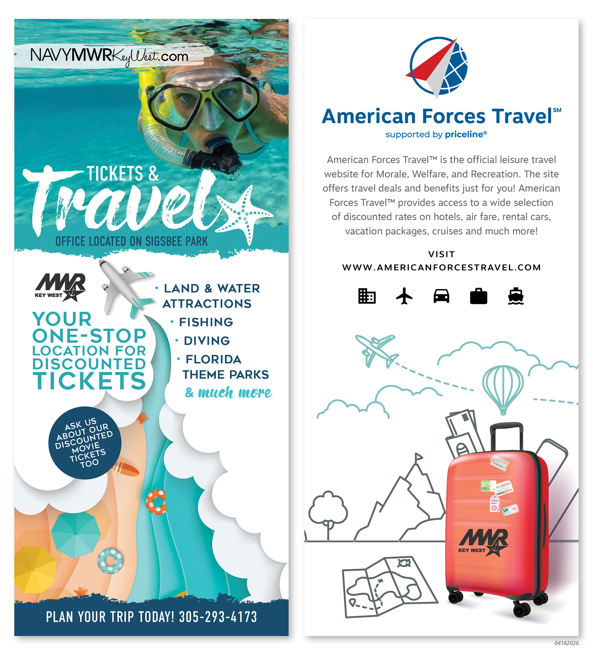 The Navy MWR Key West Tickets & Travel Office, located on Sigsbee Park, is your one-stop location for discounted tickets. Offerings include land and water attractions, fishing, diving, cruises, flights, hotels, Florida theme parks, and more. You can also ask about discounted movie tickets. To plan your trip, call 305-293-4173. American Forces Travel, supported by Priceline®, is the official leisure travel website for Morale, Welfare, and Recreation. It offers exclusive travel deals and benefits, including discounted rates on hotels, airfare, r The Navy MWR Key West Tickets & Travel Office, located on Sigsbee Park, is your one-stop location for discounted tickets. Offerings include land and water attractions, fishing, diving, cruises, flights, hotels, Florida theme parks, and more. You can also ask about discounted movie tickets. To plan your trip, call 305-293-4173. American Forces Travel, supported by Priceline®, is the official leisure travel website for Morale, Welfare, and Recreation. It offers exclusive travel deals and benefits, including discounted rates on hotels, airfare, r