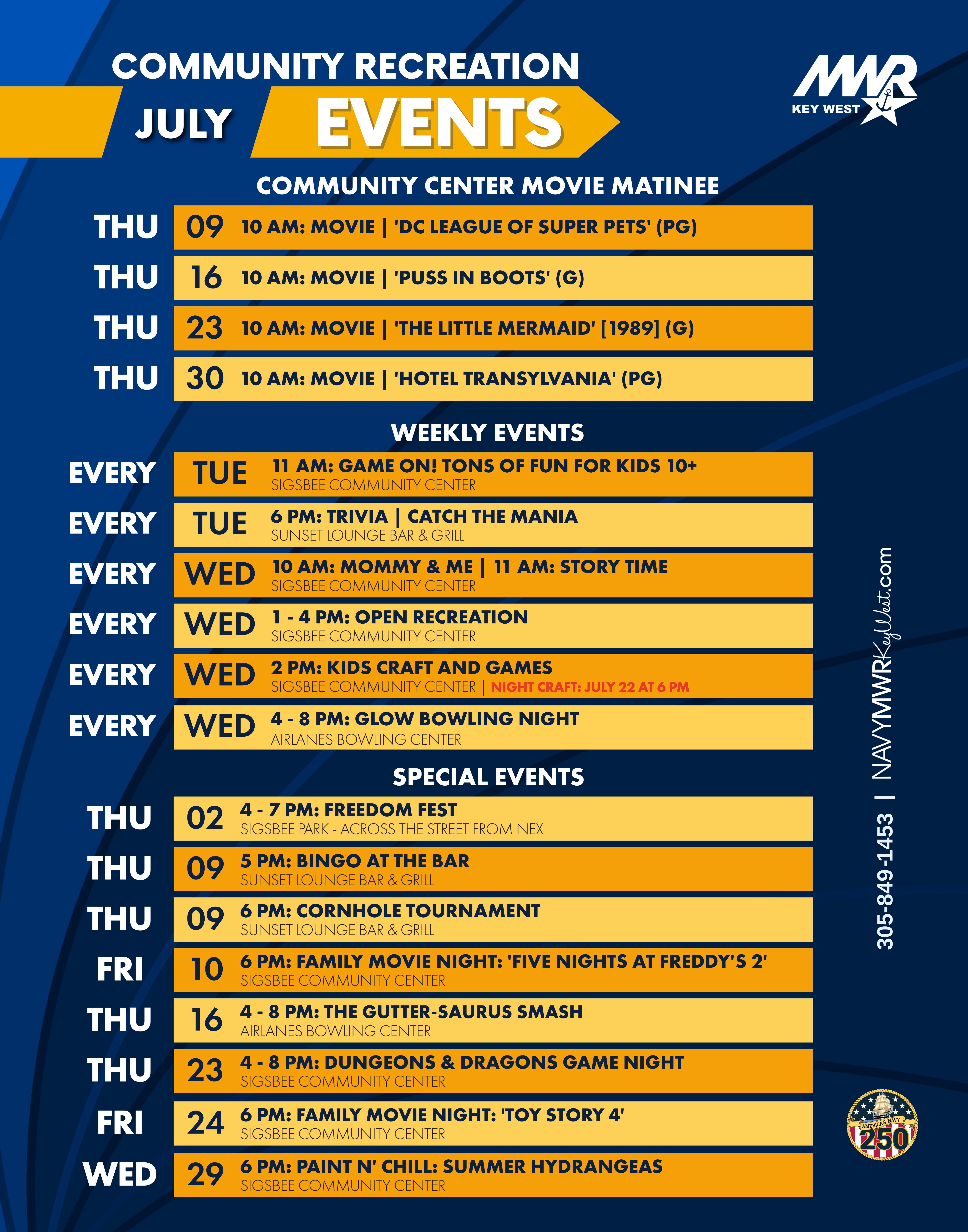 Graphic showing the Community Recreation Monthly Calendar with upcoming activities, events, trips, and programs for eligible patrons. The calendar includes event dates, times, and locations for activities such as recreation programs, movies, bowling, crafts, trips, and special events. For full details, view the calendar or contact MWR Key West.