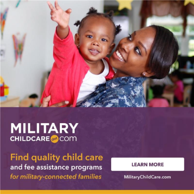 Smiling woman in military uniform holding a happy toddler who is waving; text reads “MilitaryChildCare.com – Find quality child care and fee assistance programs for military-connected families” with a “Learn More” button.