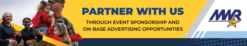 A banner for MWR (Morale, Welfare, and Recreation) advertising "Partner With Us Through Event Sponsorship And On-Base Advertising Opportunities", featuring a man in military uniform holding two young children and other people smiling in the background. Alt text allows screen readers to describe images for users with visual impairments. 