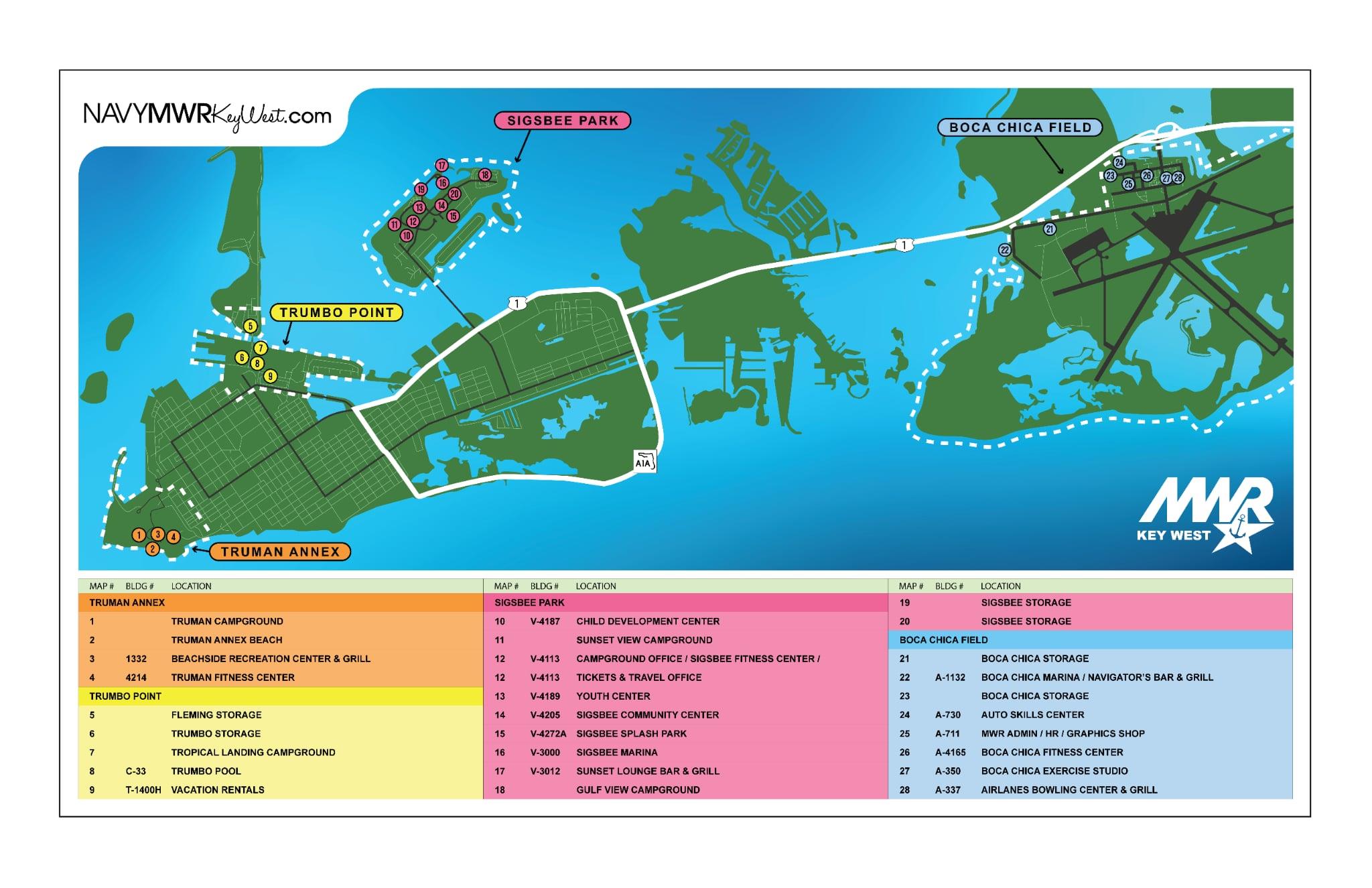 A map of the four annexes that make up Naval Air Station Key West that includes the locations of MWR facilities. 