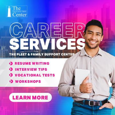 Promotional graphic for The Fleet & Family Support Center Career Services featuring a smiling man holding a folder, with text listing resume writing, interview tips, vocational tests, and workshops, plus a “Learn More” button.