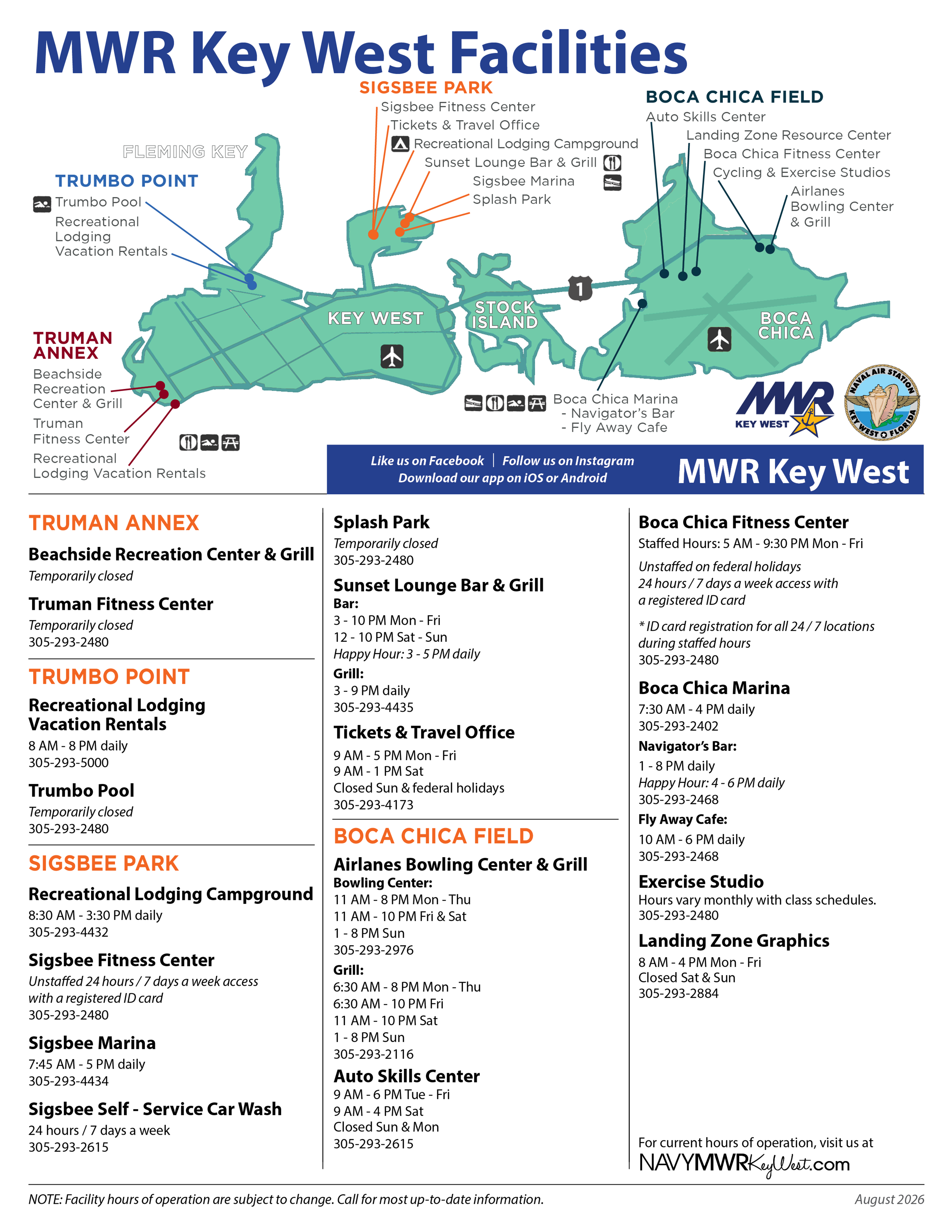 Map of MWR Key West facilities showing the locations of services and amenities at Trumbo Point, Truman Annex, Sigsbee Park, and Boca Chica Field. Includes facility locations, contact information, and regularly scheduled hours of operation. Hours are subject to change, including on federal holidays. For the most up-to-date hours and holiday schedules, visit NavyMWRKeyWest.com or check the MWR Key West social media pages.