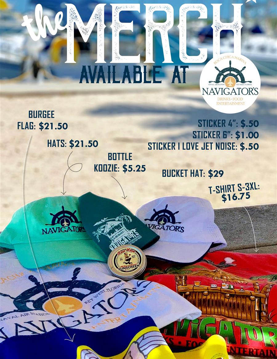 Merchandise display on a beach for Navigator's Bar featuring colorful hats (\$17.50), bucket hat (\$29), t-shirts sizes S–3XL (\$20), burgee flag (\$22.50), bottle koozie (\$5.25), and stickers (\$0.50), with boats and sand in the background.