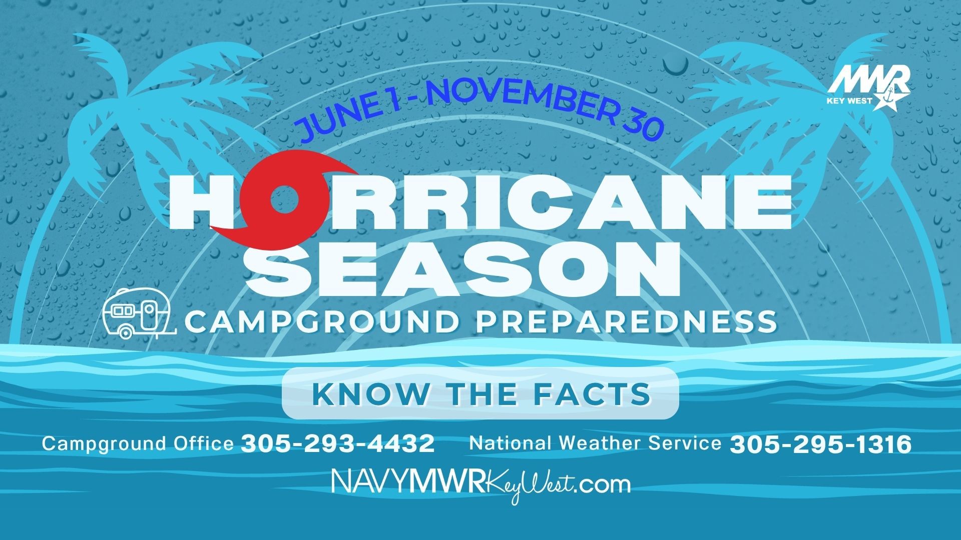 Hurricane Season Campground Preparedness information for June 1–November 30. Includes “Know the Facts,” Campground Office phone number 305-293-4432, National Weather Service phone number 305-295-1316, and NavyMWRKeyWest.com.