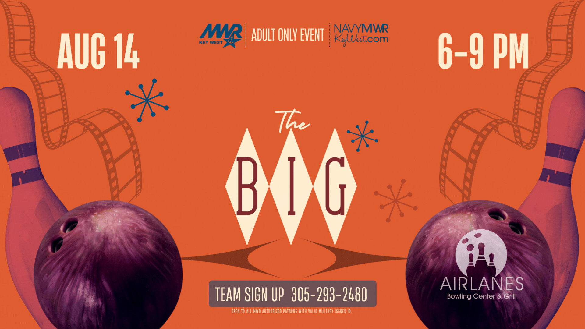 Open to all MWR authorized patrons with valid military issued ID.   Bowling with the Big Lebowski  Join MWR Fitness for the highly anticipated Bowling with The Big Lebowski event on August 14 from 6 - 9 PM at the Airlanes Bowling Center. Enjoy 3 hours of bowling while watching 'The Big Lebowski' (Rated-R).   Come dressed (if you dare) as your favorite Big Lebowski character  1st, 2nd & 3rd place prizes for 'Best Dressed'  Movie Trivia Contest  Food & beverages available for purchase at Airlanes Grill    Take Note: this is an adult only event. P