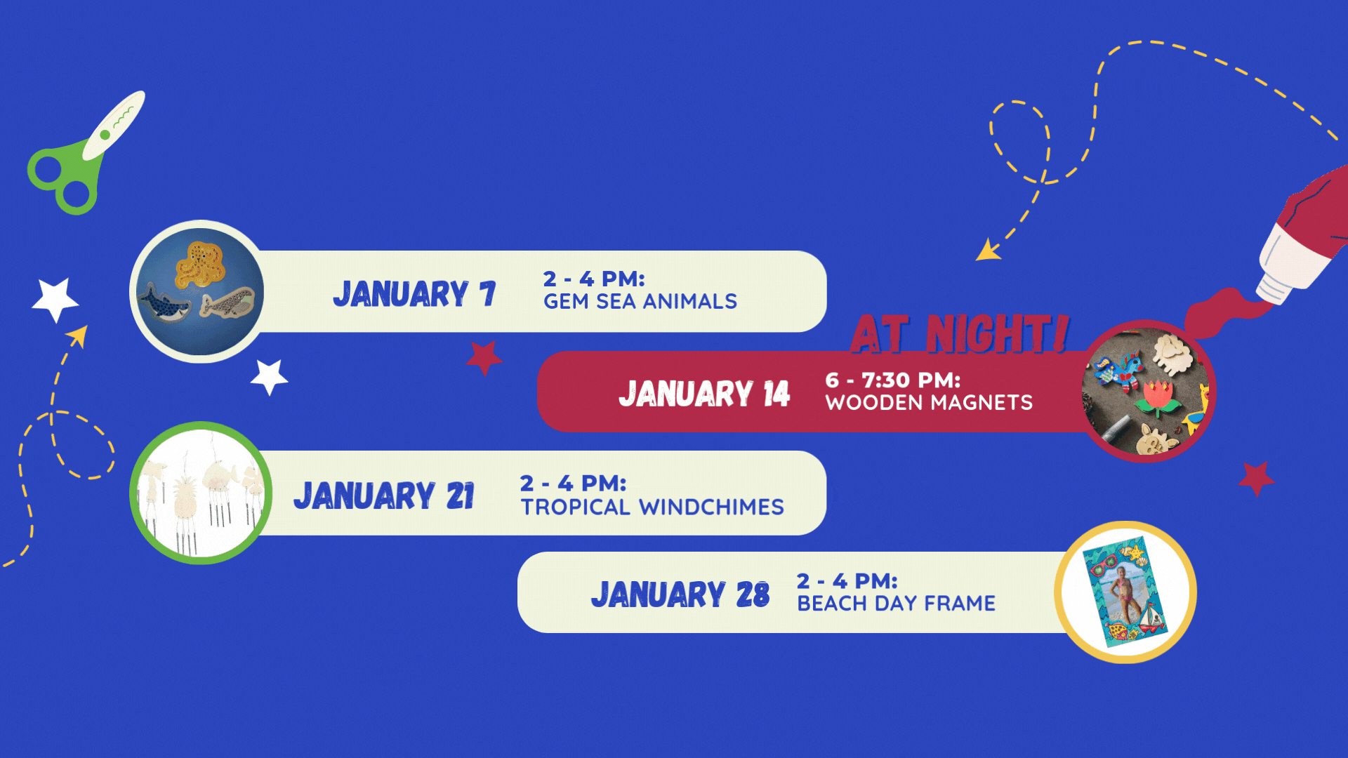 Kid's Crafts  Join MWR Community Recreation at the Community Center on Sigsbee Park for after school activities to include art, gardening and crafts! Scheduled Wednesday from 2 - 4 PM wrap up and cleanup to follow.