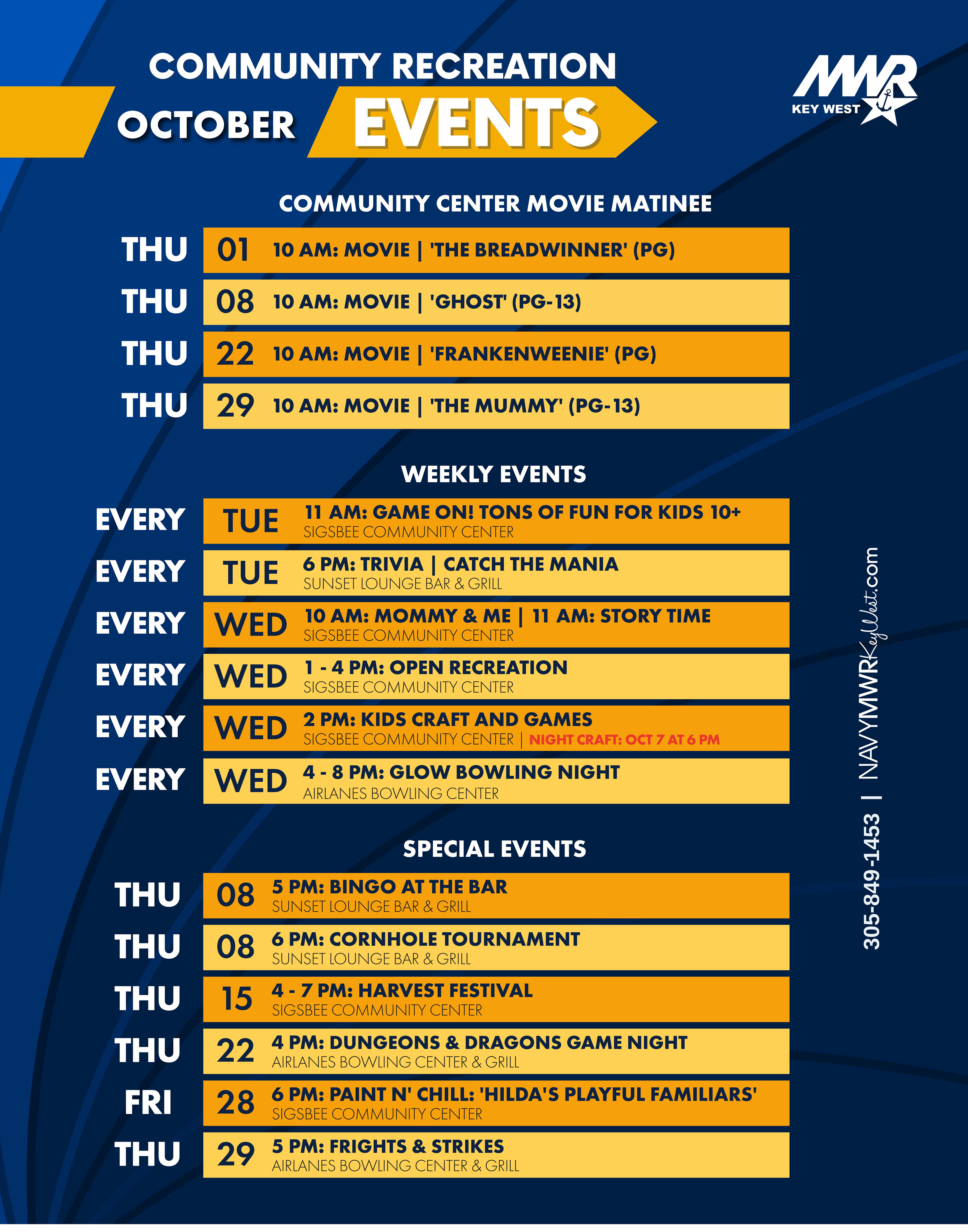 Graphic showing the Community Recreation Monthly Calendar with upcoming activities, events, trips, and programs for eligible patrons. The calendar includes event dates, times, and locations for activities such as recreation programs, movies, bowling, crafts, trips, and special events. For full details, view the calendar or contact MWR Key West.