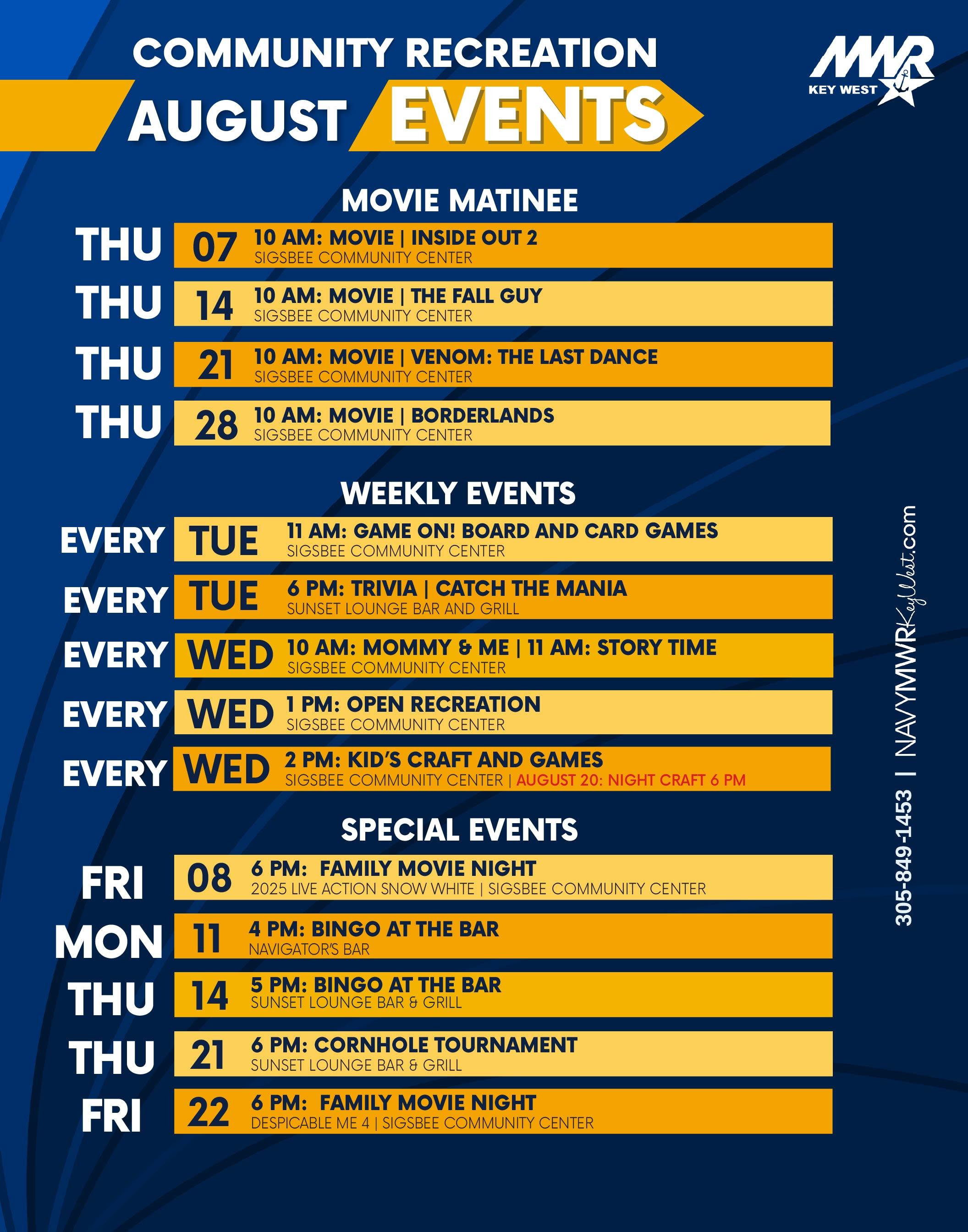 Movie Matinee:  Thursday, August 7: Movie Matinee “Inside Out 2” Time: 10 AM. Location: Sigsbee Community Center.  Thursday, August 14: Movie Matinee “The Fall Guy” Time: 10 AM. Location: Sigsbee Community Center.  Thursday, August 21: Movie Matinee “Venom: The Last Dance” Time: 10 AM. Location: Sigsbee Community Center.  Thursday, August 28: Movie Matinee “Borderlands” Time: 10 AM. Location: Sigsbee Community Center.  Weekly Events:  Every Tuesday: Game on, board and card games. Time: 11 AM. Location: Sigsbee Community Center.  Every Tuesday: 