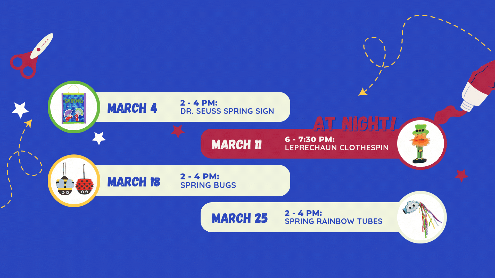 Open to all MWR authorized patrons with military issued ID cards.  Kid's Crafts  Join MWR Community Recreation at the Community Center on Sigsbee Park for after school activities to include art, gardening and crafts! Scheduled every Wednesday from 2 - 4 PM wrap up and cleanup to follow.  Craft: Dr. Seuss Tissue Paper Spring Shower Signs Please note: March 2 is Dr. Seuss Day For more information call/text 305-849-1453.