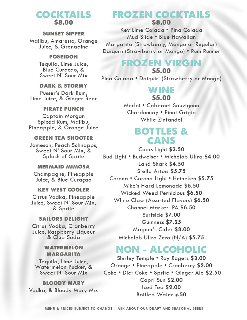 A drink menu with a white background and a faint palm leaf shadow. A drink menu with a white background and a faint palm leaf shadow.
