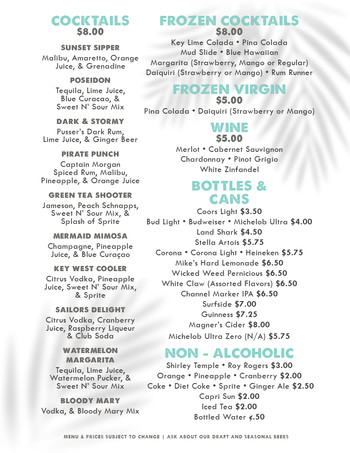 A drink menu with a white background and a faint palm leaf shadow. A drink menu with a white background and a faint palm leaf shadow.