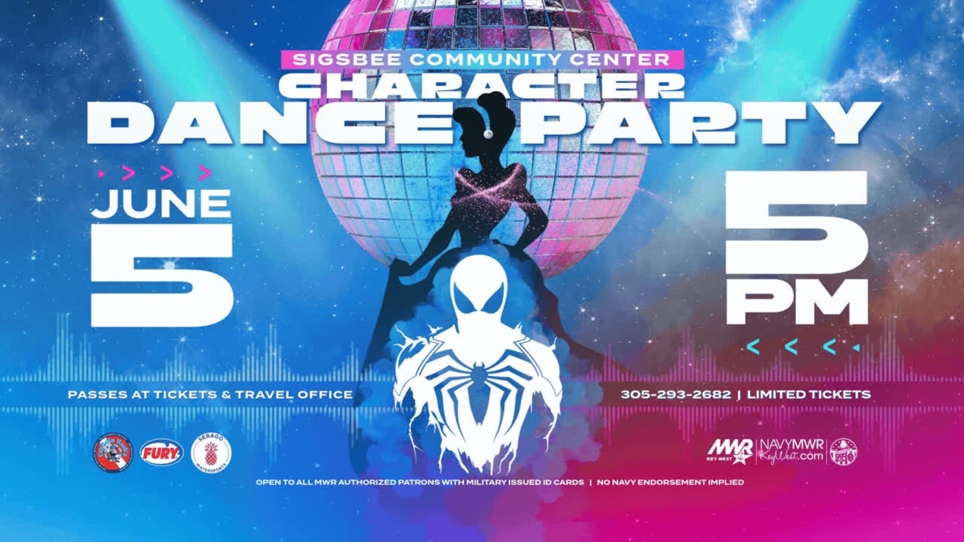 Open to all MWR authorized patrons with military issued ID cards.  Character Dance Party We're kicking off summer with a Princess and Superhero themed Character Dance Party on Friday, June 5 at the Sigsbee Community Center. The event is from 5 - 7 PM. Parents and children dressing up in character is highly encouraged.   Tickets 80 - available for FREE at Tickets & Travel Office Activities include: Games Refreshments and light snacks Arts and crafts Photo opportunities with your favorite characters Please note: All children must be accompanied b