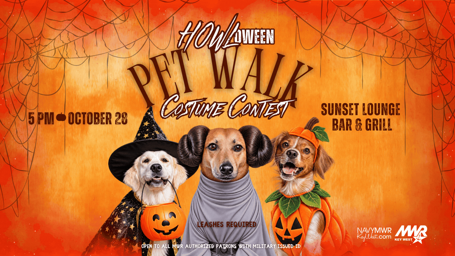 MWR fitness is hosting a Pet Walk & Costume Contest on October 28 starting at 5 PM at Sunset Lounge Bar & Grill Lawn. The dressed-up dogs and owners will parade around Sigsbee Park showing off their festive spirit.