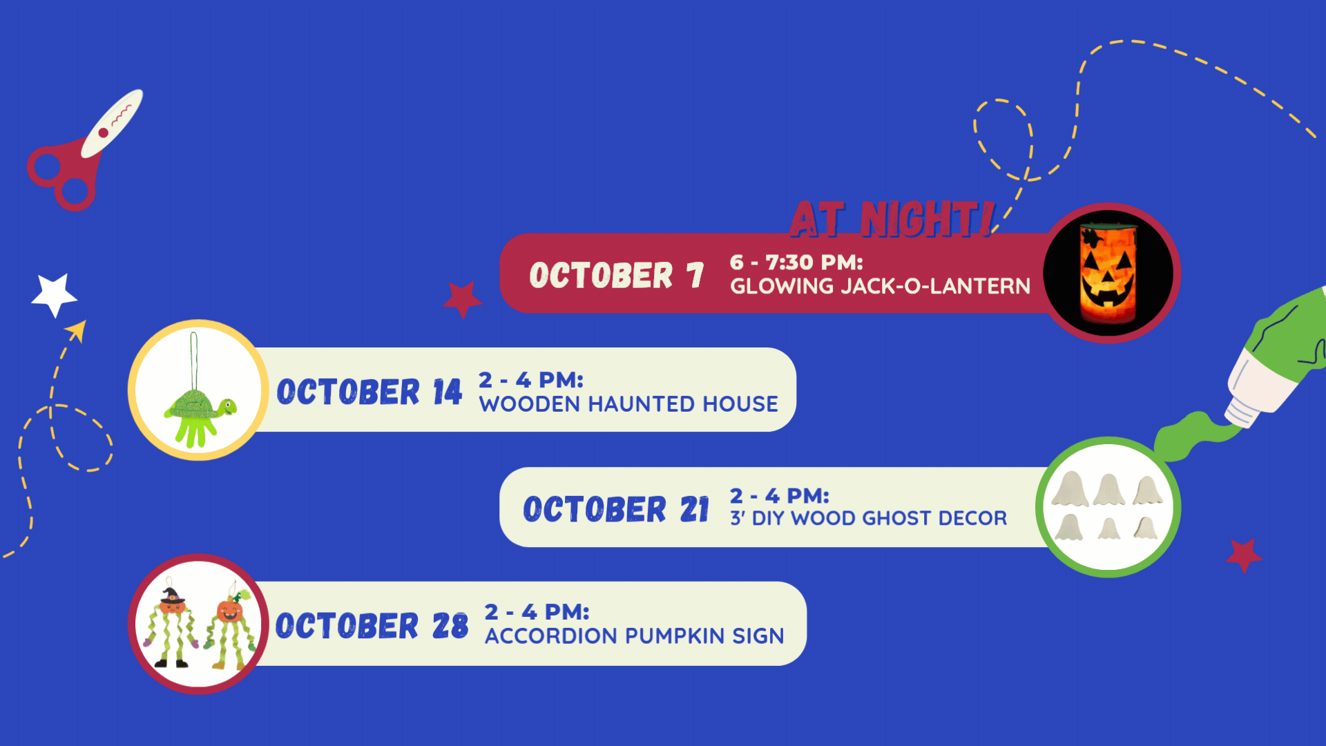 October Wednesday Kids Crafts schedule at Sigsbee Community Center:  October 7 (AT NIGHT), 6-7:30 PM: Glowing Jack-o-Lantern. October 14, 2–4 PM: Wooden Haunted House. October 21, 2 - 4 PM: Wood Ghost Decor. October 28, 2 - 4 PM: Accordion Pumpkin Sign. Contact phone: 305-849-1453.