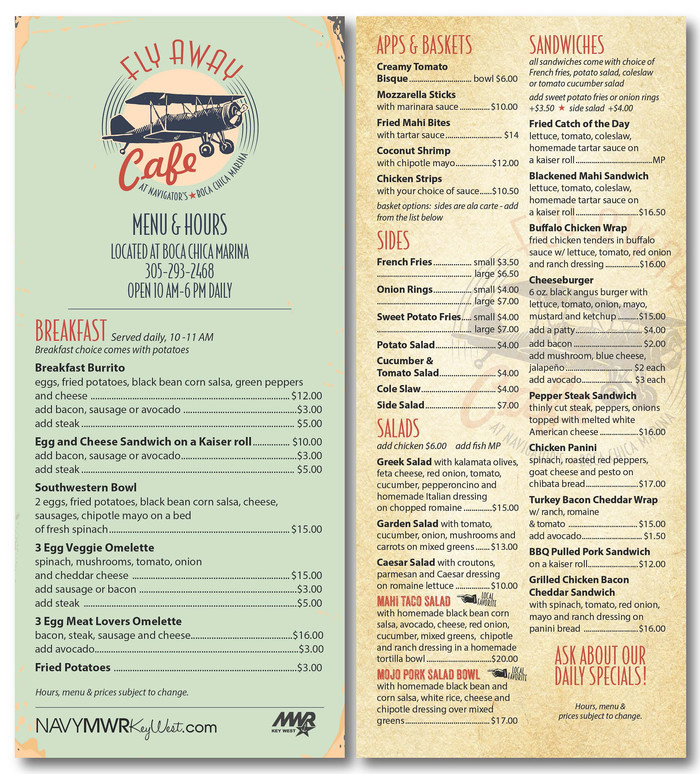 Fly Away Cafe menu featuring breakfast, appetizers, salads, sandwiches, burgers and sides, with prices and hours of operation. Fly Away Cafe menu featuring breakfast, appetizers, salads, sandwiches, burgers and sides, with prices and hours of operation.