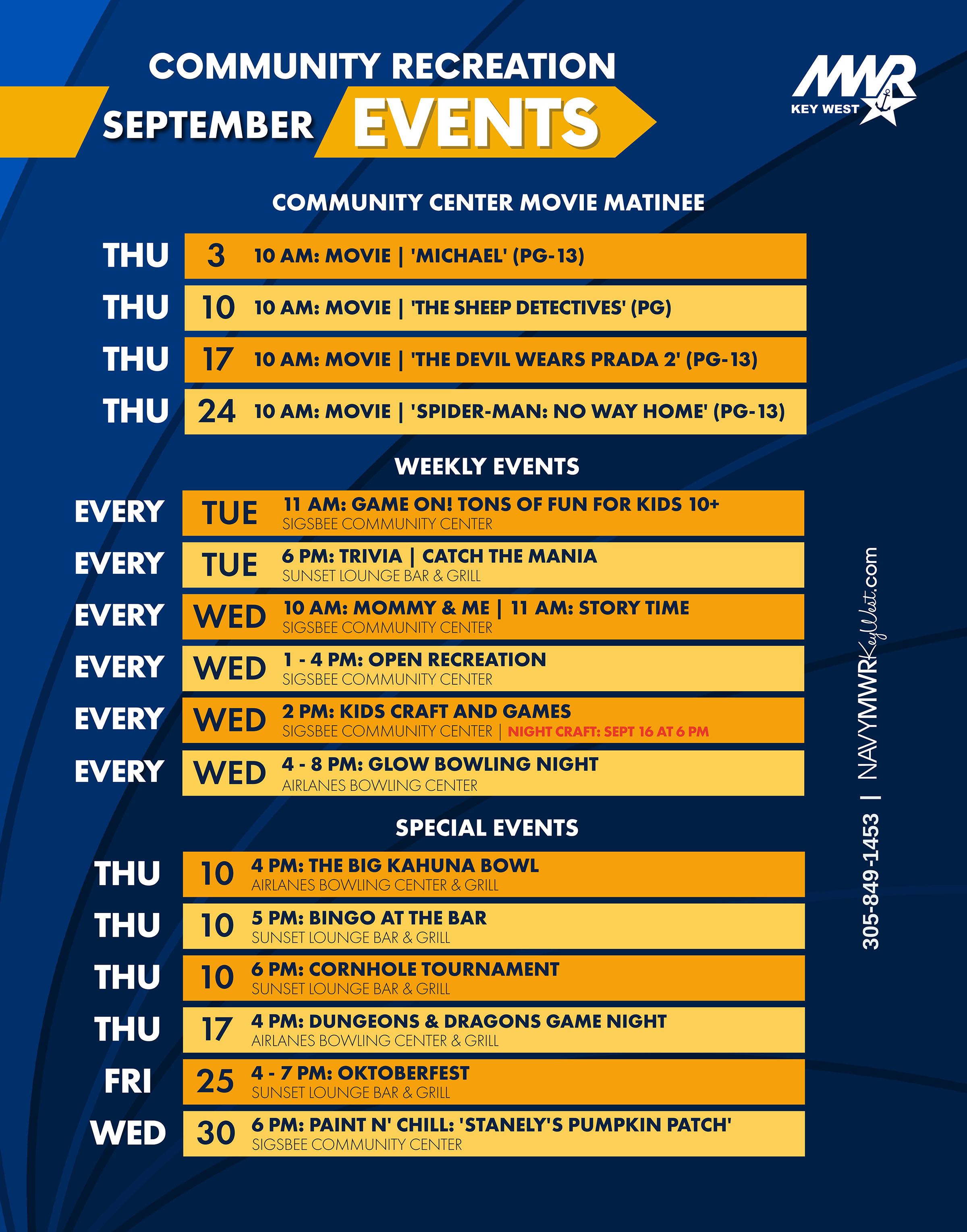 Graphic showing the Community Recreation Monthly Calendar with upcoming activities, events, trips, and programs for eligible patrons. The calendar includes event dates, times, and locations for activities such as recreation programs, movies, bowling, crafts, trips, and special events. For full details, view the calendar or contact MWR Key West.