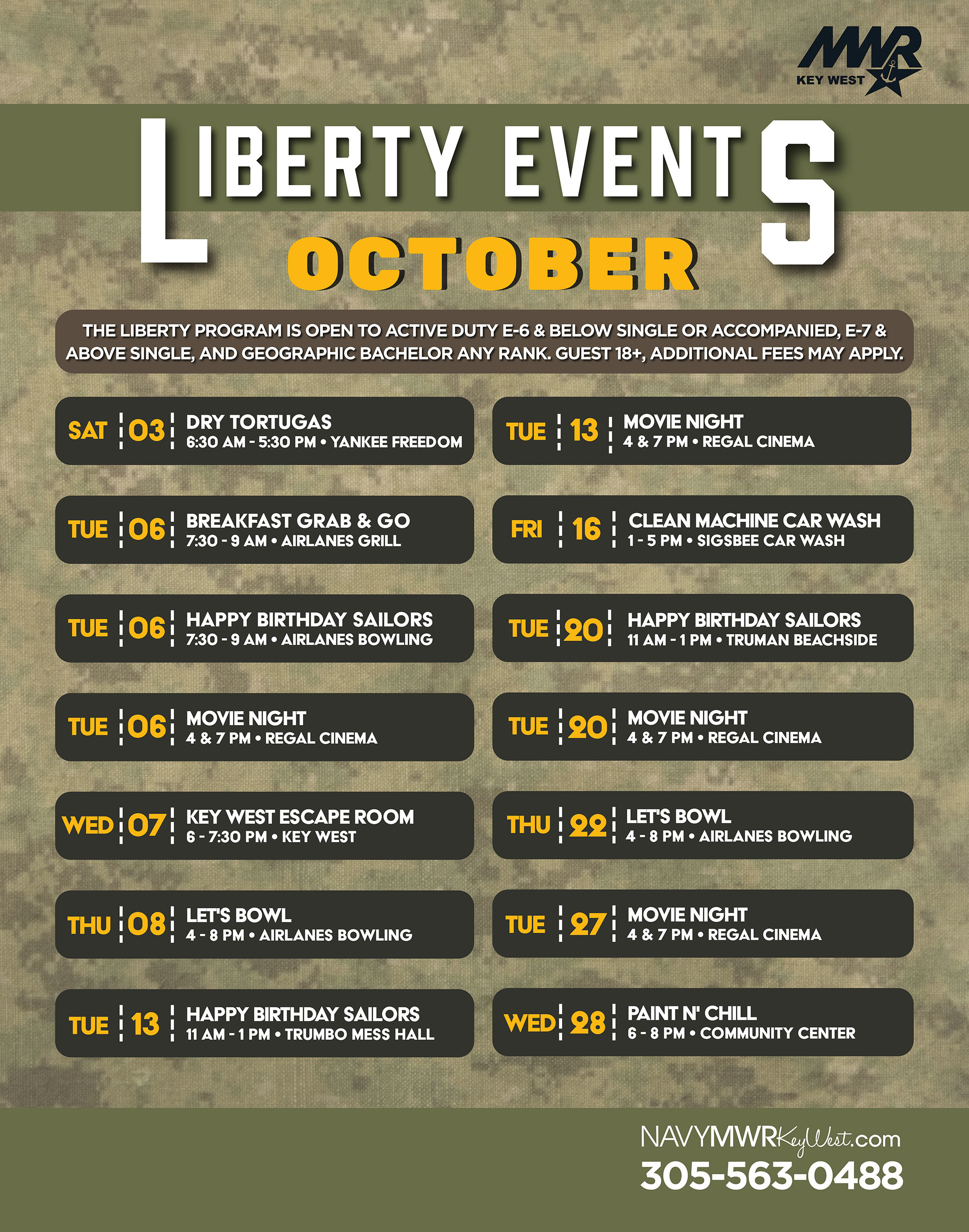 Graphic showing the Liberty Monthly Calendar with upcoming activities, events, trips, and programs for eligible patrons. The calendar includes event dates, times, and locations for activities such as recreation programs, movies, bowling, crafts, trips, and special events. For full details, view the calendar or contact MWR Key West.