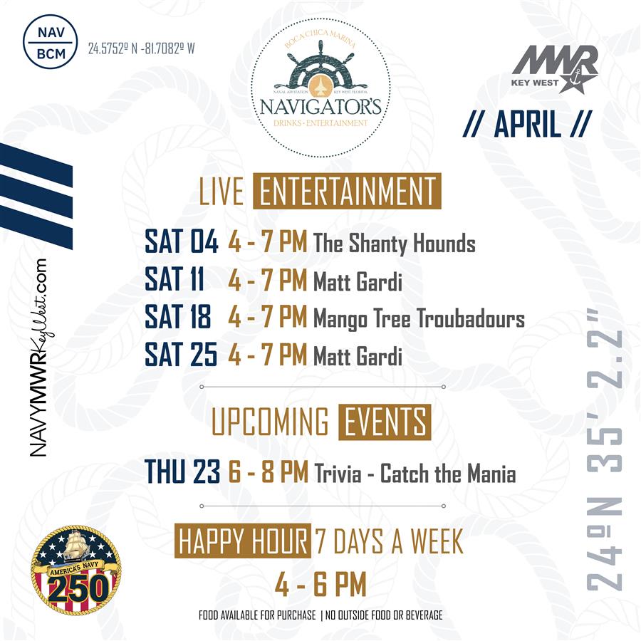 Saturday, April 4 | Live Entertainment: The Shanty Hounds | 4 - 7 PM Saturday, April 11 | Live Entertainment: Matt Gardi | 4 - 7 PM Saturday, April 18 | Live Entertainment: Mango Tree Troubadours | 4 - 7 PM Saturday, April 25 | Live Entertainment: Matt Gardi | 4 - 7 PM. Upcoming Events - 6 - 8 PM Thursday April 23 | Trivia - Catch the Mania. Happy Hour 7 Days a Week 4 - 6 PM Saturday, April 4 | Live Entertainment: The Shanty Hounds | 4 - 7 PM Saturday, April 11 | Live Entertainment: Matt Gardi | 4 - 7 PM Saturday, April 18 | Live Entertainment: Mango Tree Troubadours | 4 - 7 PM Saturday, April 25 | Live Entertainment: Matt Gardi | 4 - 7 PM. Upcoming Events - 6 - 8 PM Thursday April 23 | Trivia - Catch the Mania. Happy Hour 7 Days a Week 4 - 6 PM