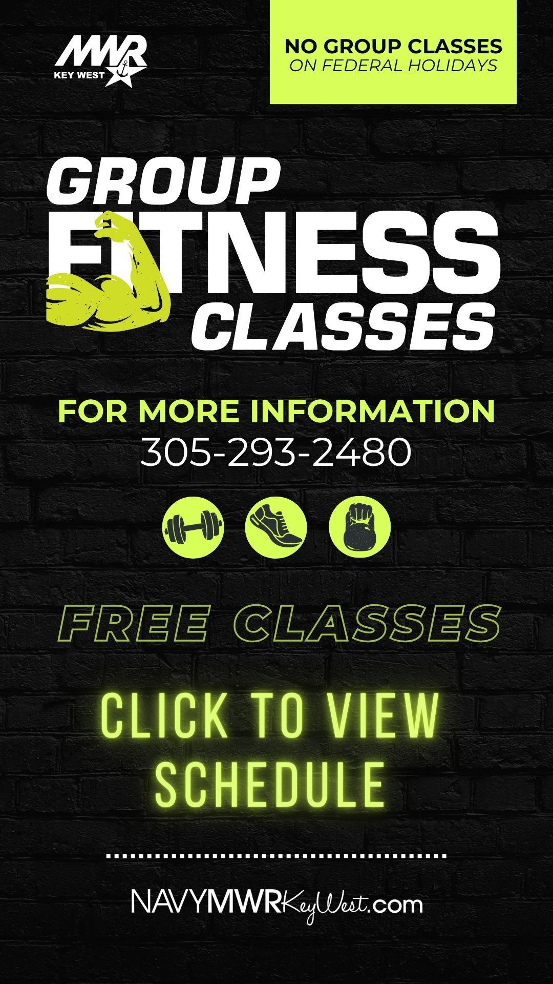 Group Exercise Schedule is available to all patrons and classes are free. Click on the image to be redirected to the Fitness Class events page or call 305-293-2480 for more information.