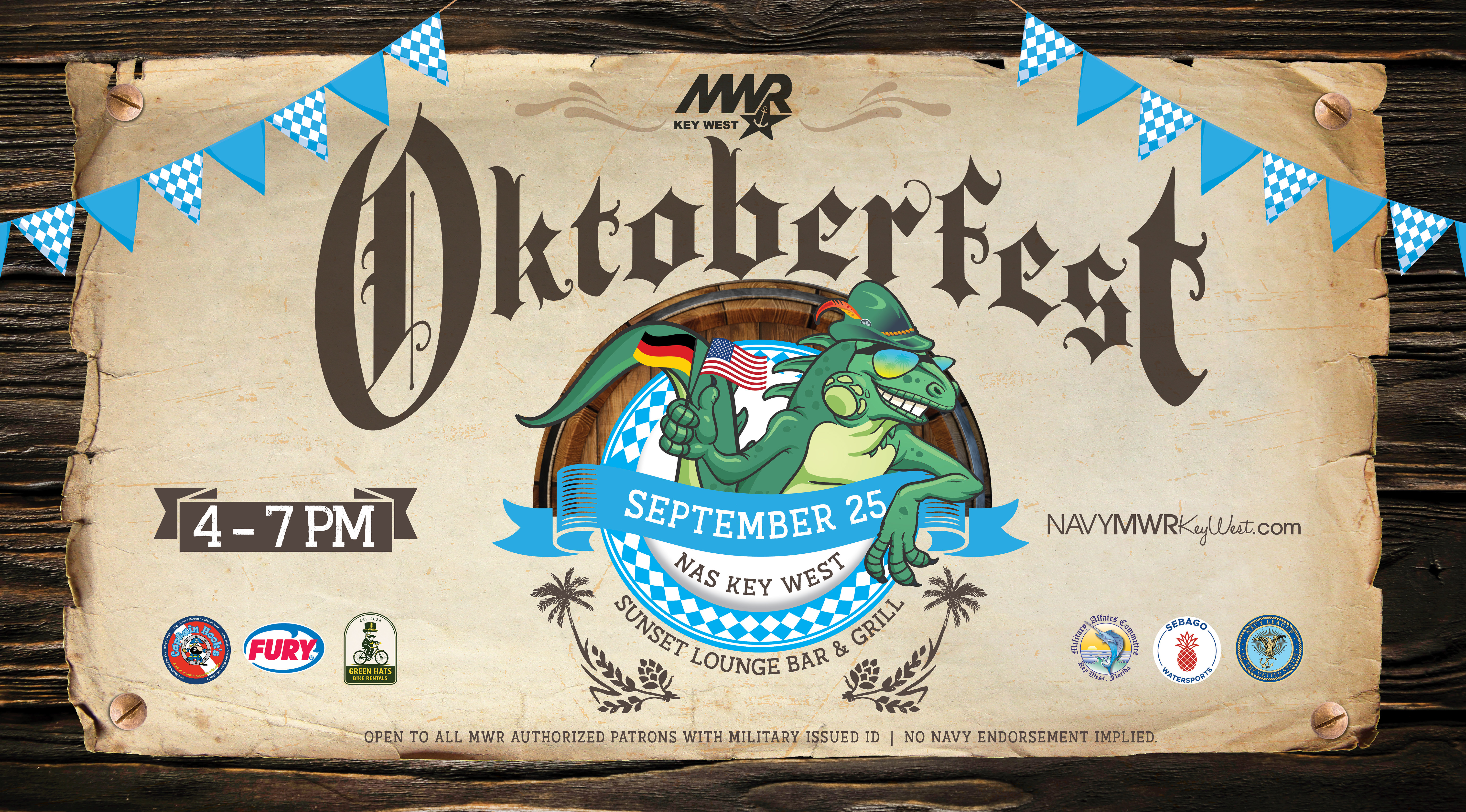 Open to all MWR authorized patrons with military issued ID cards.  Oktoberfest  MWR is celebrating Oktoberfest on September 25 from 4 - 7 PM at Sunset Lounge Bar & Grill. Join us for LIVE entertainment, fun activities and more.   Live Entertainment by DJ Steven Burchard Oktoberfest Games Beer Garden FREE stein with purchase of adult beverage.  For more information email mwrnaskwrec@us.navy.mil or call 305-293-2682.