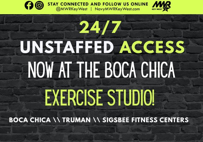 24/7 unstaffed access is now at boca chica exercise studio! 5:30 AM - 7:30 PM