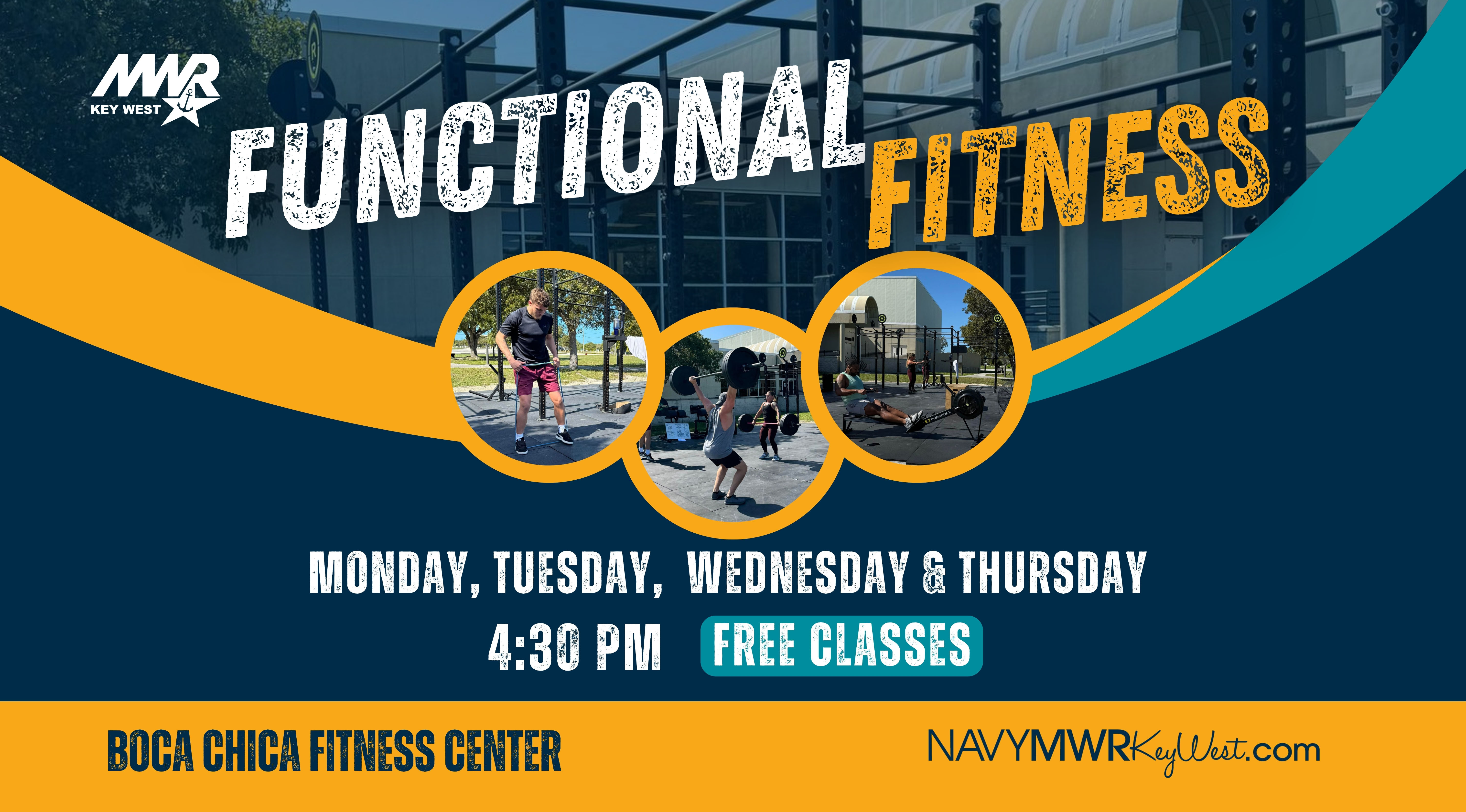 Functional Fitness classes are held Monday, Tuesday, Wednesday and Thursday on the outdoor fitness pad at the Boca Chica Fitness Center starting at 4:30 PM.