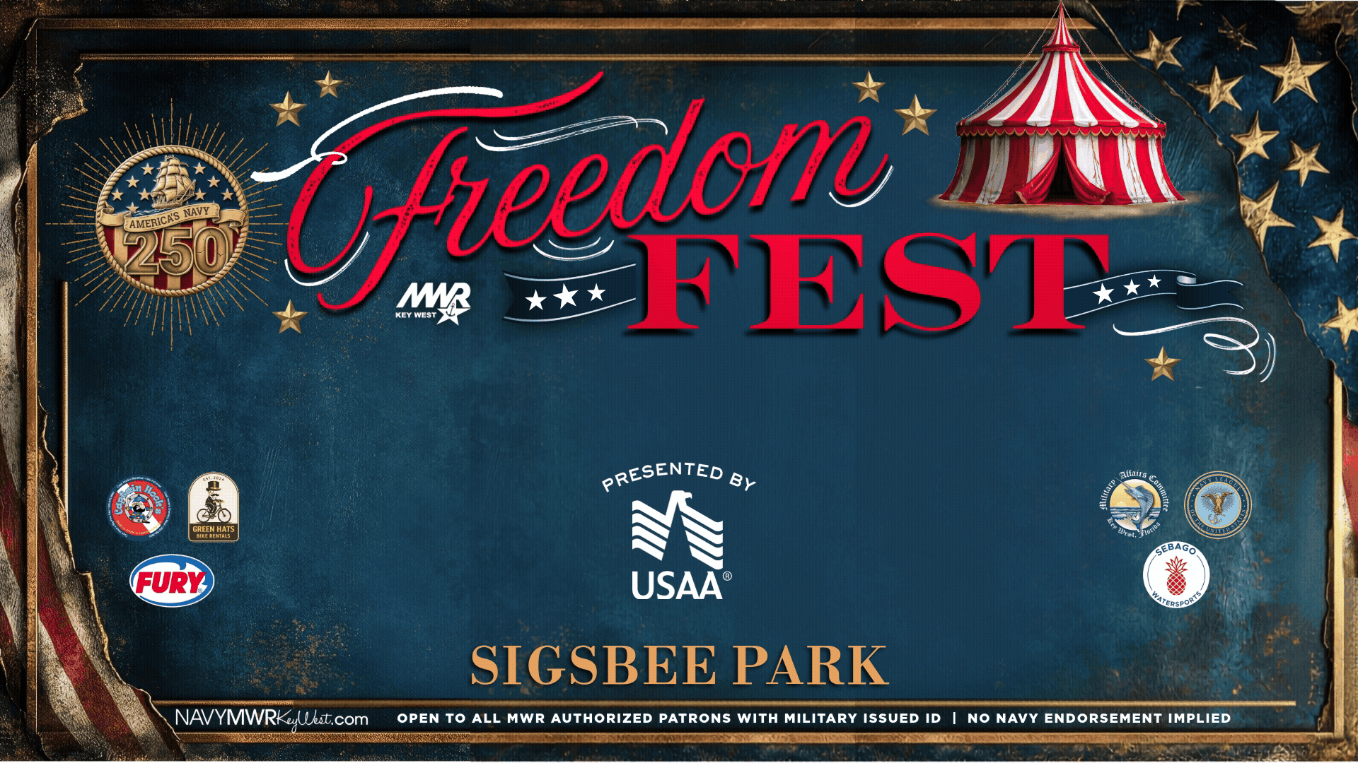 Open to all MWR authorized patrons with military issued ID.  Freedom Fest presented by USAA  MWR Key West is celebrating Independence Day Thursday, July 2, on Sigsbee Park across from the NEX from 4 - 7 PM.    Chick-Fil-A Food Truck - available for purchase  FREE Shirt - while supplies last FREE Snow Cones Carnival Rides & Games: Roller Coaster, Mini Ferris Wheel, Flying Dragons  Inflatables: Obstacle Course, Toy Town Bounce, Bungee Bounce   Face Painting & Balloon Artist  Freedom Circus: DJ/emcee, roaming Freedom Circus performers & mini stage