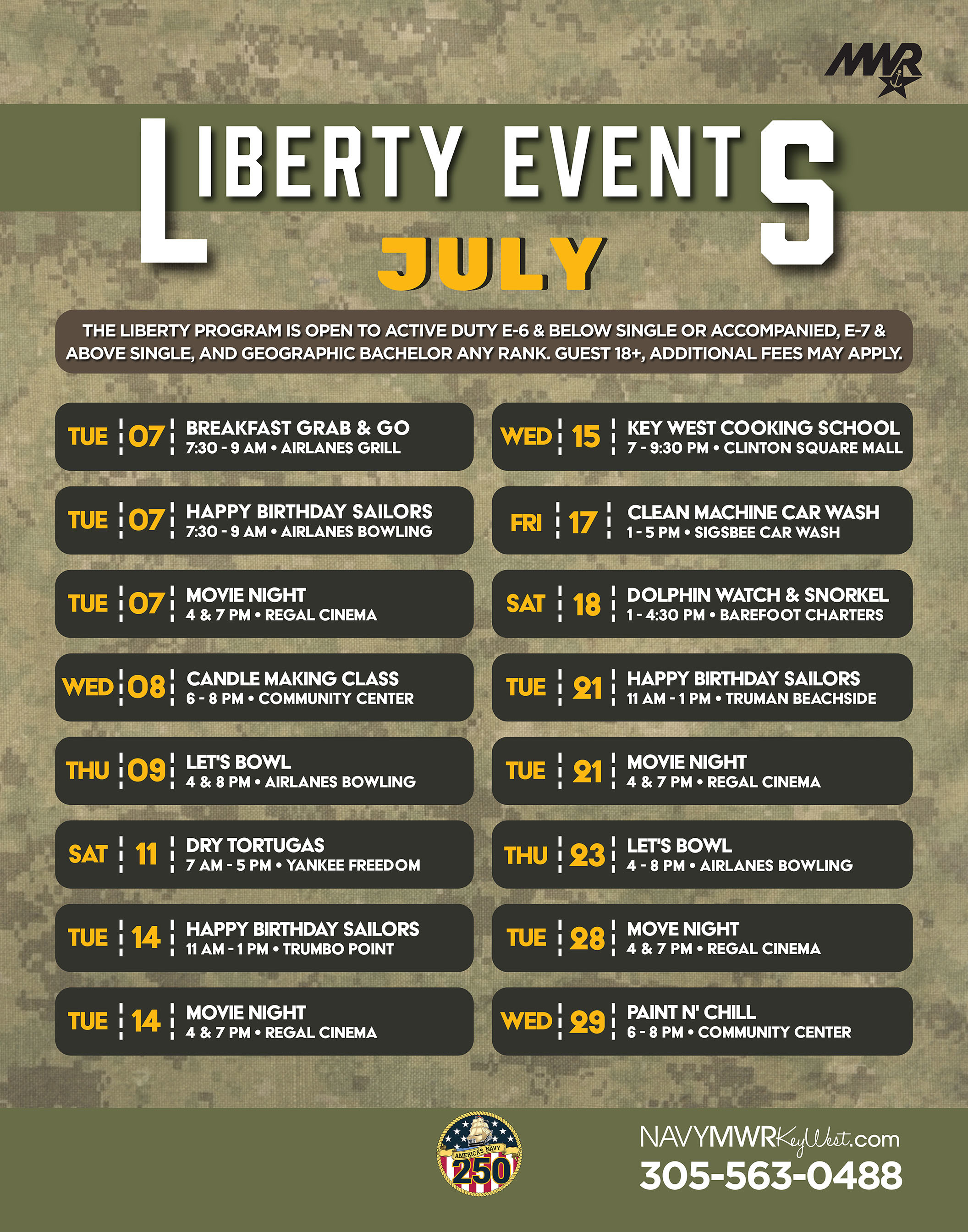Graphic showing the Liberty Monthly Calendar with upcoming activities, events, trips, and programs for eligible patrons. The calendar includes event dates, times, and locations for activities such as recreation programs, movies, bowling, crafts, trips, and special events. For full details, view the calendar or contact MWR Key West.